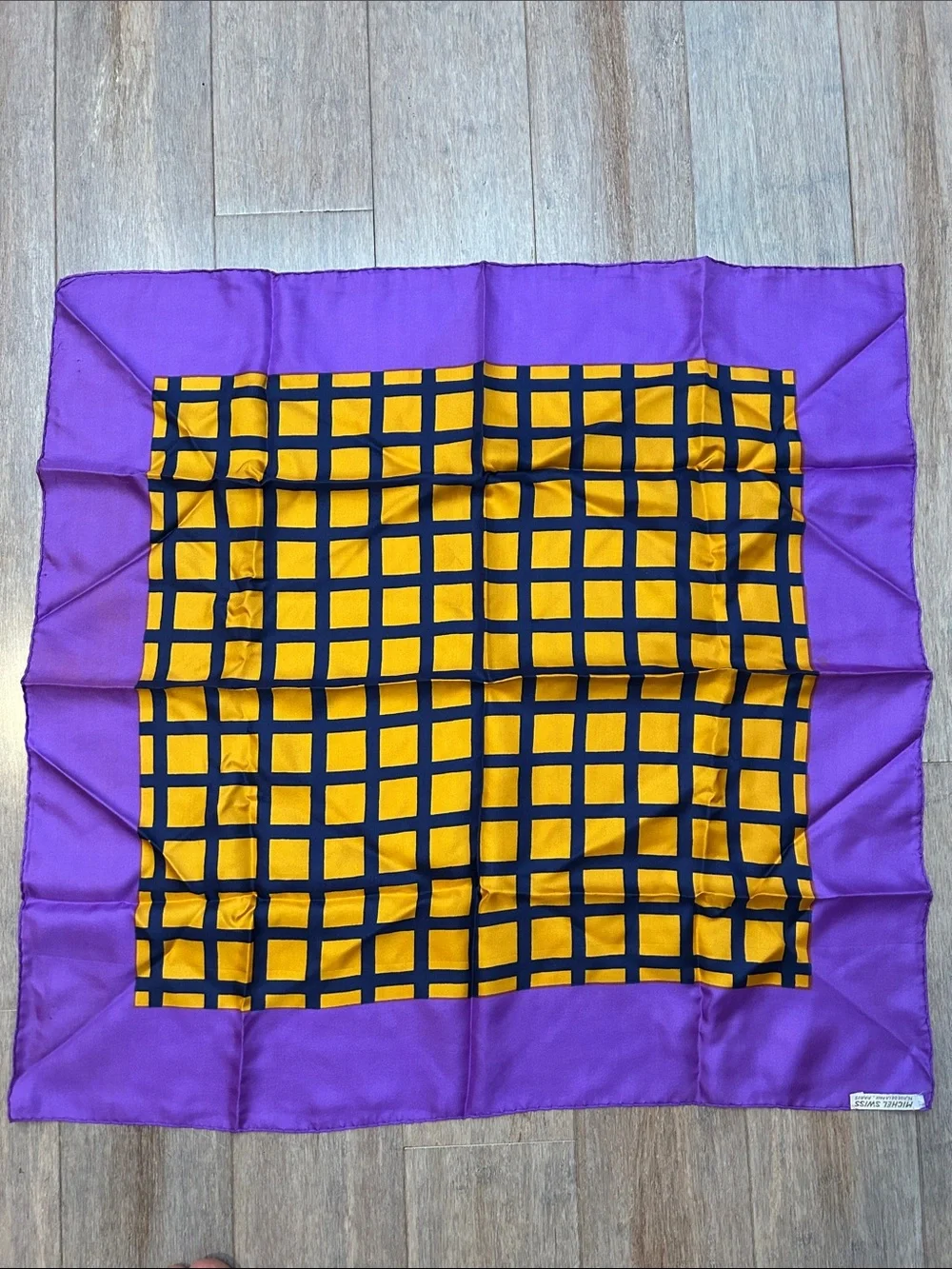 VTG Michel Swiss Purple and Yellow Grid Silk Scarf made in France square